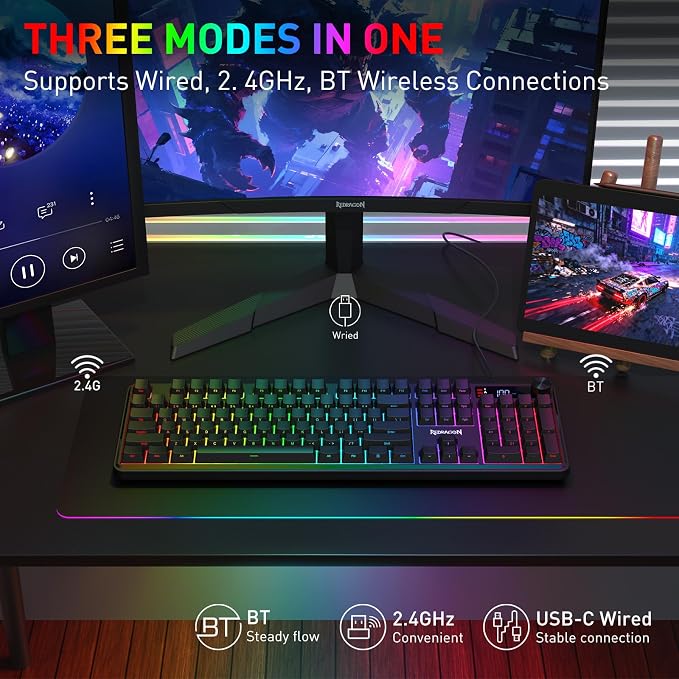 Redragon K526 PRO Wireless RGB Membrane Gaming Keyboard, LED Screen & Knob | See Battery, Mode & Time at a Glance, 0-Delay Tri-Mode, One-Touch Backlit & Media Adjust, 26-Key Anti-Ghost for Combo-Strike - Image 3