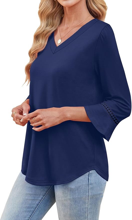 WIHOLL Womens Blouses Dressy Casual 3/4 Length Sleeve Tops Lace Trendy 2026 Spring Summer V Neck Shirts Vacation Outfits - Image 4