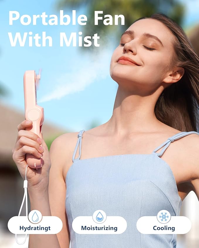 SWEETFULL Misting Fan Portable, Handheld Personal Mister Fans, Small Fan Rechargeable, Mini Spray Water Mist, Kids Women Portable Fans For Travel, Outdoors, Hiking, Camping Home Office (Pink) - Image 2