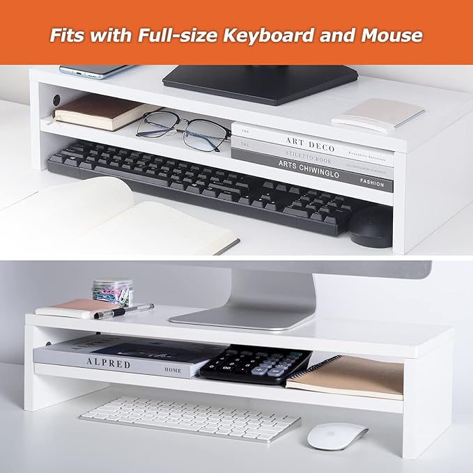 BEYGORM Monitor Stand Riser White, 21.6 inch 2 Tiers Wood Desk Shelf Computer Screen Stand with Storage for Desktop Laptop/Screen/TV/PC/Printer, Desk Shelf Organizer 21.6" L x 7.8" W x 5.2" H | For Full Keyboard, Computer Screen Stand with Storage for ... - Image 4