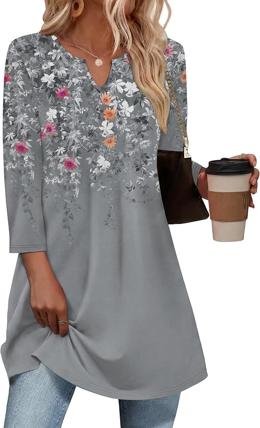 OFEEFAN Summer Boho Tops For Women 3/4 Length Sleeve Womens Tops Vacation Outfits - Image 2