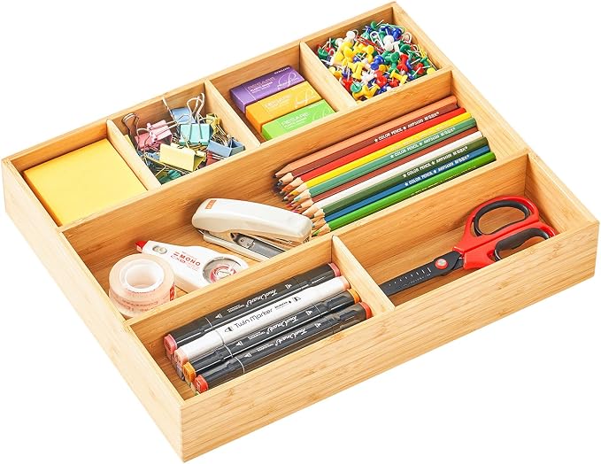 Umilife Large Bamboo Desk Drawer Organizer, Wood Office Junk Tray, 15"x12" | 2.4" Tall for Deep Drawer - Adjustable slots - Anti Slip Silicone Pads - Versatile Storage Box in Kitchen, Pantry by Umilife