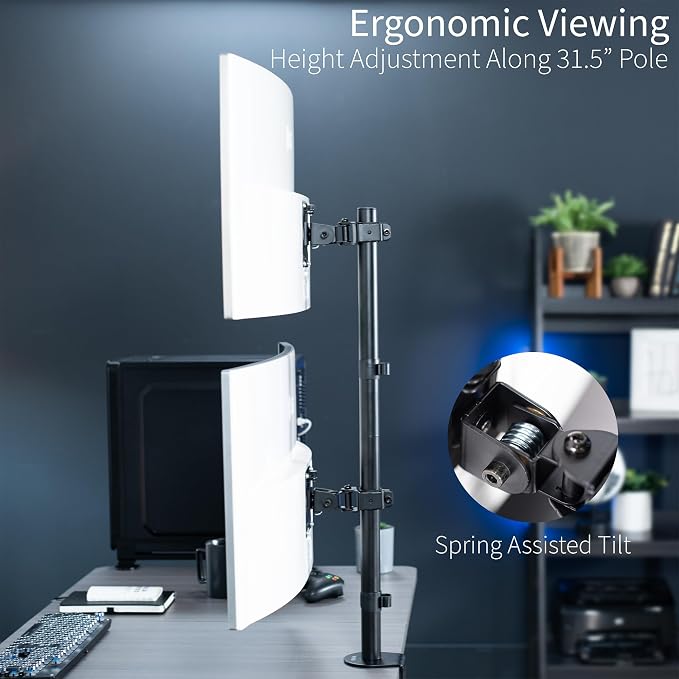 VIVO Dual Vertically Stacked Ultra-Wide Monitor Desk Mount, Extra Tall Heavy Duty Adjustable Stand for 2 Ultrawide Screens up to 45 inches, 25 lbs Per Screen Capacity, Black, STAND-V200R - Image 4