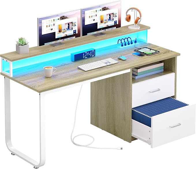DWVO Computer Desk with Drawers, 47.2" Office Desk with Power Outlets & LED Light, Home Office Desk with Storage Shelves, White & Oak | Built-In Power Outlets, Led Light, Storage Shelves, Drawers, Compact Size, for Home Office Small Space, Easy Assembly - Image 3