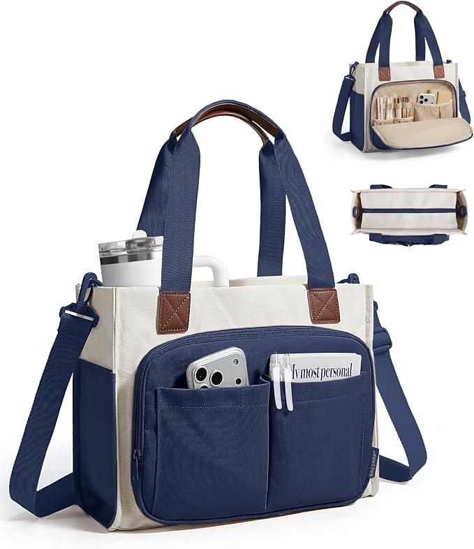 BAGSMART Small Tote Bag for Women, 13'' Laptop Canvas Work Bag with Zipper | 30oz/40oz Tumble & 11 Pockets Travel Tote, Teachers/Nurses, Lightweight Canvas or Water-Resistant Puffer Taslon Crossbody Bag by BAGSMART