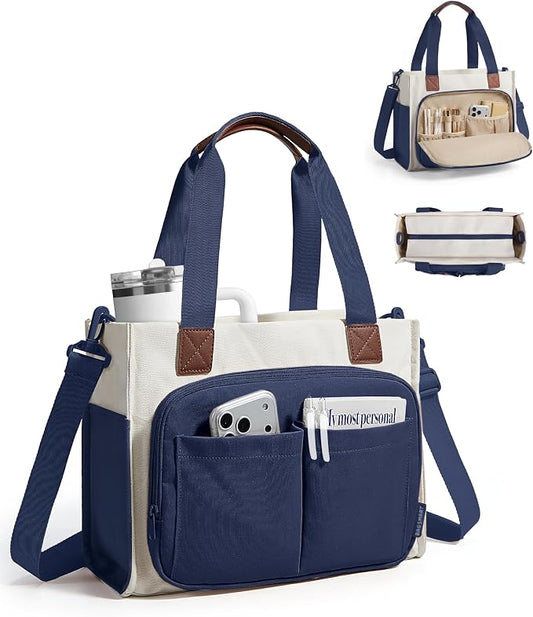 BAGSMART Small Tote Bag for Women, 13'' Laptop Canvas Work Bag with Zipper | 30oz/40oz Tumble & 11 Pockets Travel Tote, Teachers/Nurses, Lightweight Canvas or Water-Resistant Puffer Taslon Crossbody Bag by BAGSMART