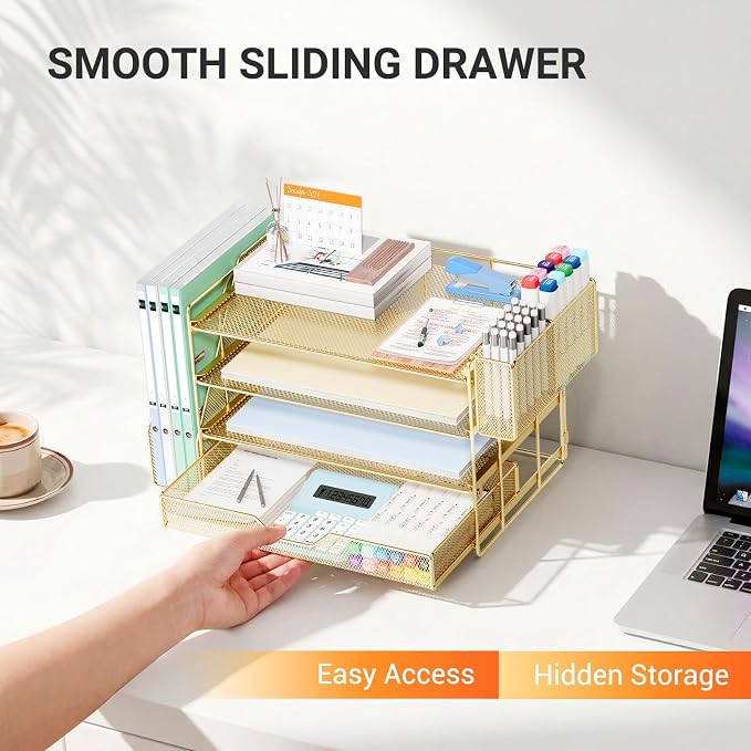 OPNICE Desk Organizers and Accessories, 4-Tier Desktop File Organizer with Drawer and Pen Holders, Office Desk Accessories Workspace Organizers for Office Supplies (Gold) - Image 7
