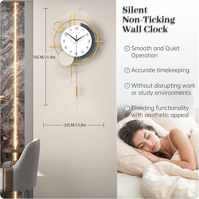 Wall Clock Decorative Large Modern Wall Clock Silent Non-Ticking Battery Operated Gold Unique Pendulum Clock for Living Room,Bedroom,Office,Kitchen,Bathroom,Wall Decor 13.8x21.9in - Image 4