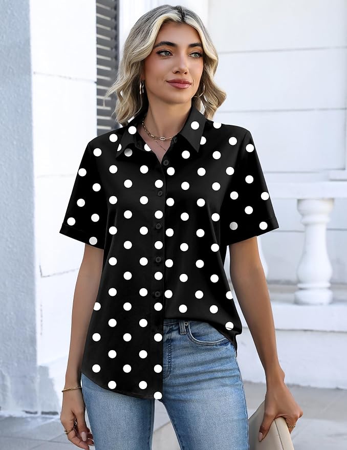 Zeagoo Button Down Shirts for Women Short Sleeve Collared Tops Dressy Casual V Neck Blouses - Image 4