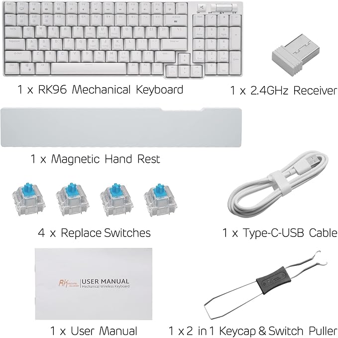 RK ROYAL KLUDGE RK96 Wireless Mechanical Keyboard with Magnetic Wrist Rest | 96 Keys Hot Swappable Wireless Gaming Keyboard with Software, Triple Mode BT5.0/2.4G/USB-C, Blue Backlight, Custom Switch - Image 7