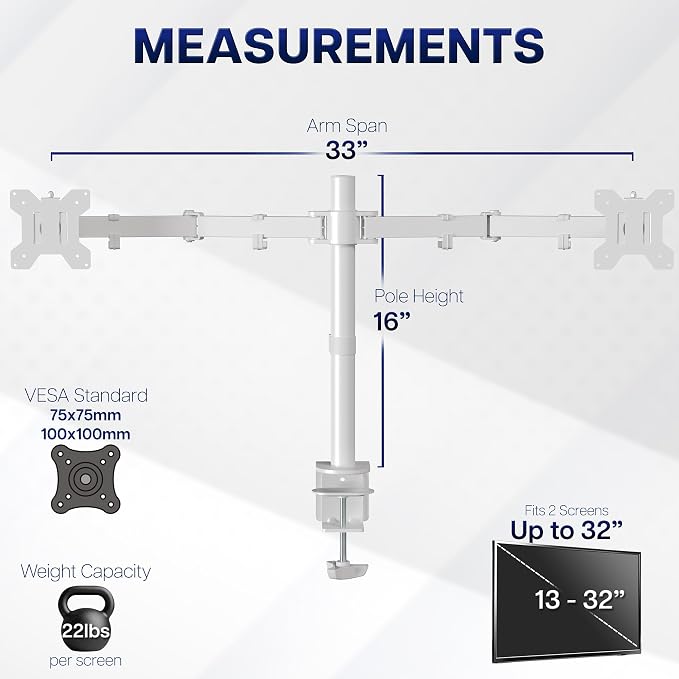 VIVO Dual Monitor Desk Mount, Heavy Duty Fully Adjustable Stand, Fits 2 LCD LED Screens up to 32 inches, White, STAND-V032W - Image 4