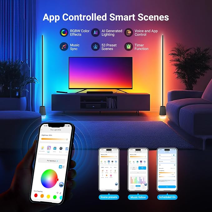 NEEWER NF06 RGB IC CW Smart Floor Lamp, 1500lm LED Standing Corner Light, APP/AI Design/Music Sync, 16 Million Color Ambient Lighting Compatible with Google and Alexa, Living Room Bedroom Home Decor - Image 6