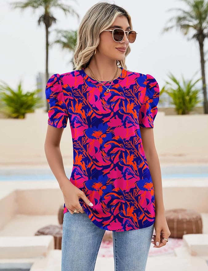 Ivicoer Puff Short Sleeve Shirt for Women Eyelet Tops Summer Crewneck Blouse Loose Fit S-XXL - Image 2