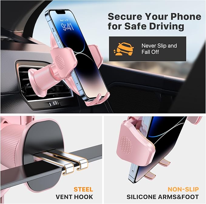Miracase Phone Holders for Your Car with Metal Hook Clip, Cell Phone Mounts Air Vent Cell Phone Stand Car Mount, Universal Automobile Cradle Fit for iPhone Android and All Smartphones (Pink) - Image 3