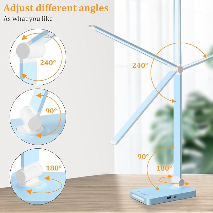 LED Desk Lamp with USB Ports,Touch Desk Lamps for Home Office with 5 Modes | 3 Brightness Desk Light with Small Night Light,Reading Lamp Table Lamp for Bedroom Bedside Study Blue （with adapter） - Image 6