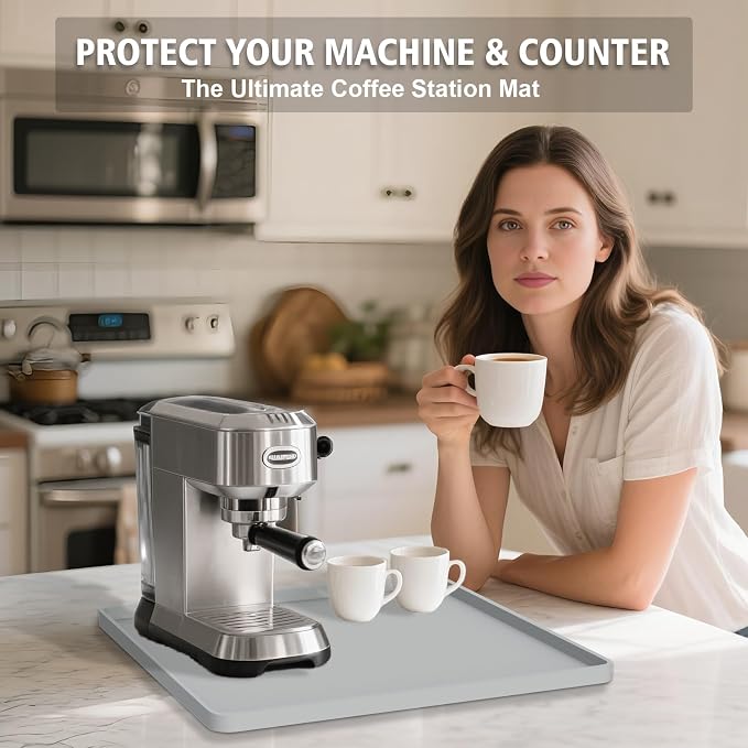 Silicone Coffee Mat 16"x16", Single Piece Anti-Vibration Under Coffee Maker Mat, Non-Slip Espresso Machine Mat with 10mm Raised Edge, Noise Reduction Countertop Protector, Fits Breville Ninja Keurig - Image 7