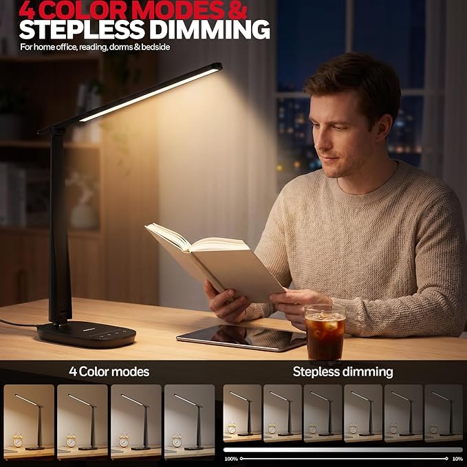 Honeywell LED Desk Lamp for Home Office, Eye-Caring Dimmable Reading Light with 4 Color Modes, Touch Control, USB-A & USB-C Charging Ports, Adjustable Head, Timer for Bedroom & Small Desks - Image 3