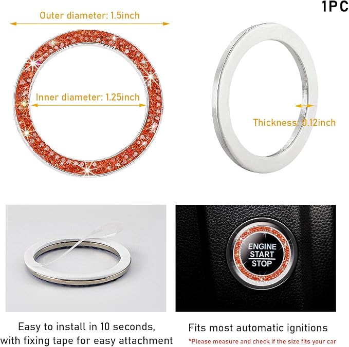Kewucn Bling Crystal Double Rhinestone Car Engine Start Decoration Ring, Sparkling Push Start Button Sticker, Key Ignition & Knob Ring Decoration, Bling Car Interior Accessory (Orange) - Image 2
