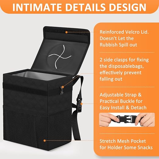 Vankor Car Trash Can for Cute, Bag Bin Hanging Waterproof Automotive Car Garbage Cans Leak Proof Vehicle Trash Can Diamond Pattern-Black - Image 4