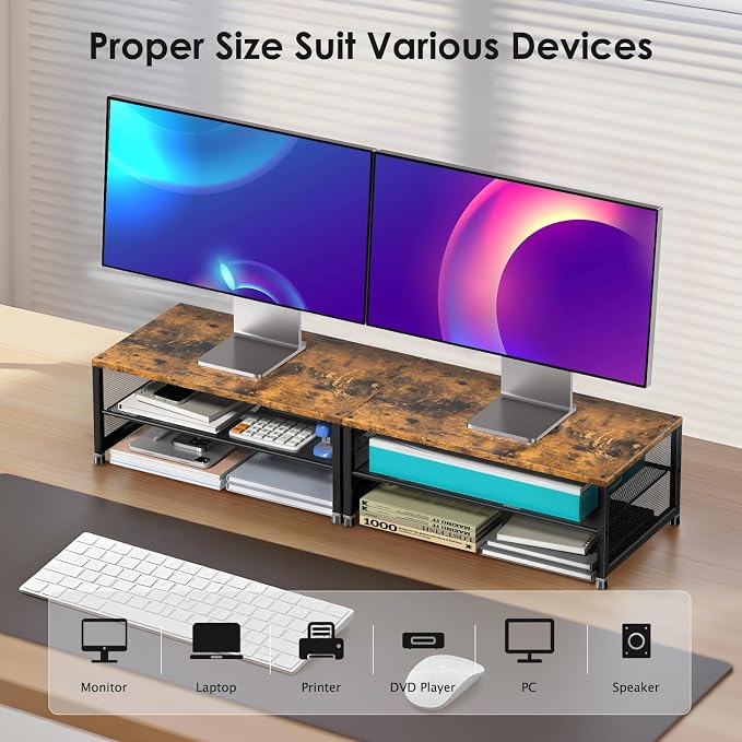 ECOLOVI 2-Tier Computer Monitor Stand Riser, Desk Organizer for Monitor, Printer & Laptop Stand, Desktop Workspace Organizers for Office Supplies(Brown) - Image 4