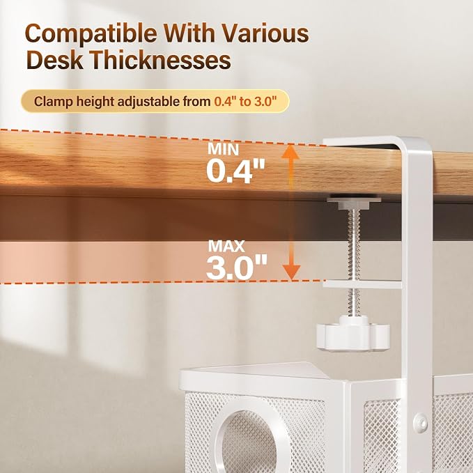Under Desk Cable Management Large, Cinati 16" Cable Management Box for Table Thickness up to 3", Wire Cord Organizer with Clamp No Drill, No Damage to Desk (White) - Image 3
