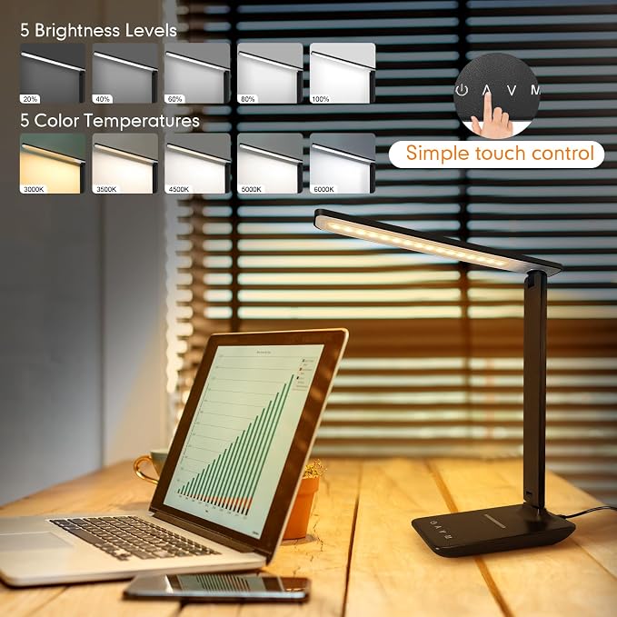 White crown LED Desk Lamp with 15W Wireless Charger & USB Port, Dimmable Table Lamp with 5 Lighting Modes, Sensitive Touch Control, Foldable & Portable Desk Light for Home, Office, Bedroom, Reading - Image 4