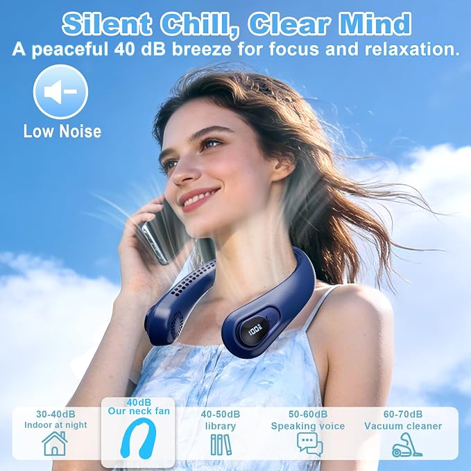 Portable Neck Fan Rechargeable - [with LED Display] 5 Speeds, 5000 mAh Battery Operated Wearable Personal Cooling Bladeless Fan for Outdoor Travel, Gifts for Men Women Kids,Dark Blue - Image 6
