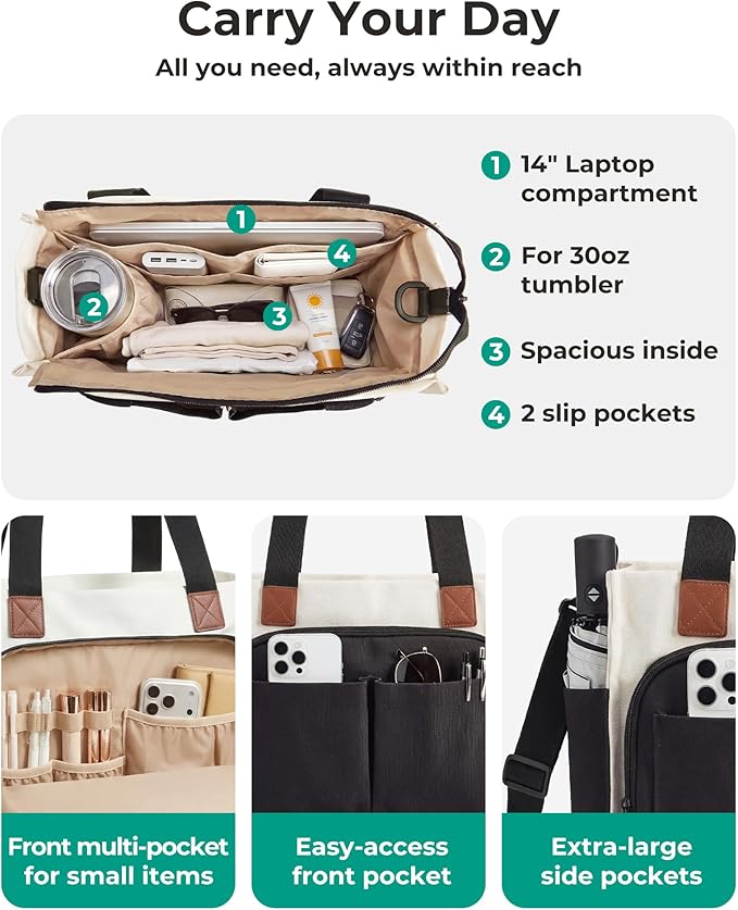 BAGSMART Small Tote Bag for Women, 13'' Laptop Canvas Work Bag with Zipper | 30oz/40oz Tumble & 11 Pockets Travel Tote, Teachers/Nurses, Lightweight Canvas or Water-Resistant Puffer Taslon Crossbody Bag - Image 3