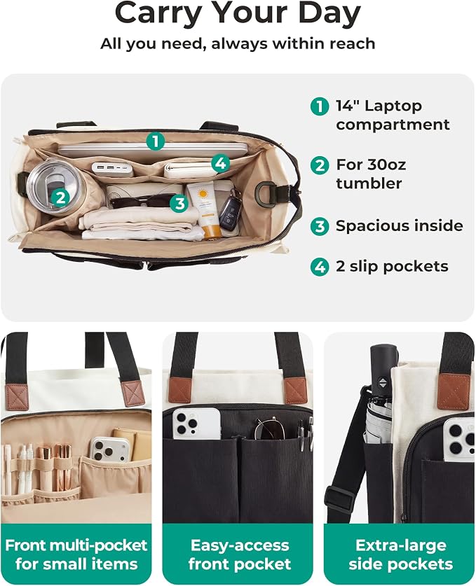 BAGSMART Small Tote Bag for Women, 13'' Laptop Canvas Work Bag with Zipper | 30oz/40oz Tumble & 11 Pockets Travel Tote, Teachers/Nurses, Lightweight Canvas or Water-Resistant Puffer Taslon Crossbody Bag - Image 3
