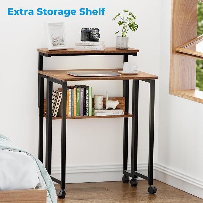 GreenForest Folding Desk with Adjustable Monitor Stand, 24.8 in Small Desk | Storage Shelf, Lockable Wheels, Portable, Space Saving, Mobile Rolling Table for Small Spaces, Home Office, Writing, Walnut - Image 8