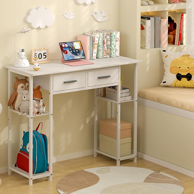 DAOUTIME White Computer Desk with Drawers, 37.3 Inch Home Office Work Desk with Storage Shelf, Kids Teens Study Table for Small Space, Small Writing PC Table for Bedroom Makeup Vanity Desk - Image 8