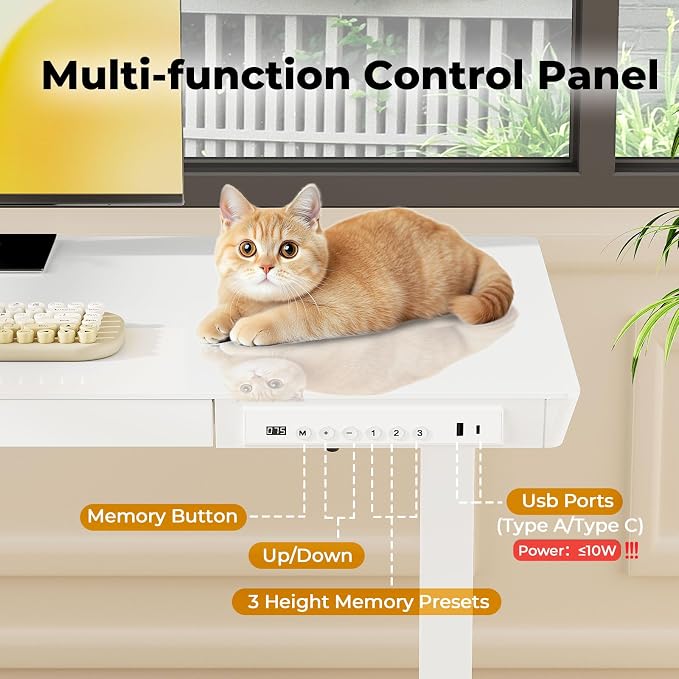 40" Glass Standing Desk with Drawer, Electric Stand up Desk | Height Adjustable Desk with One-Piece Tabletop & USB Charging Ports, Sit Stand Desk with Storage for Home Office, White - Image 5