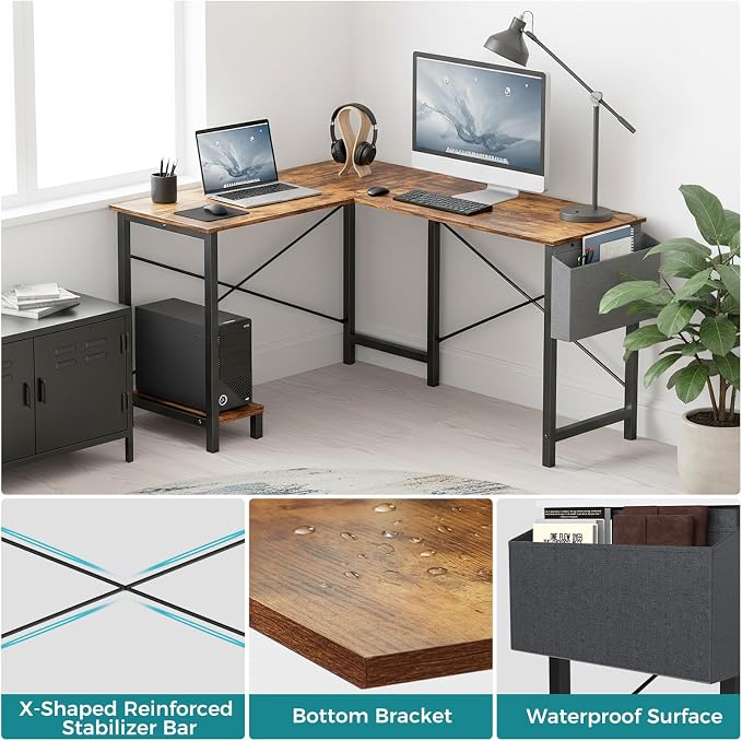 OLIXIS L Shaped Desk, 50-Inch Office Computer Gaming Desks Corner PC Table with Side Bag and Reversible Shelf for Home Work Study Writing Rustic Brown | Side Bag, Reversible Shelf, Home Work Study Writing, PC Workstation, Easy Assembly, Rustic Brown - Image 8