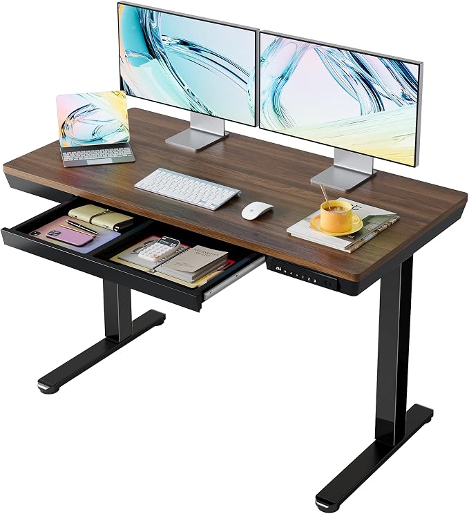 HUANUO Electric Standing Desk with Drawers, 48 X 24 Inch Electric Adjustable Height Desk, Quick Install One-Piece Tabletop with USB Charging Ports, Sit to Stand Up Desk for Home Office, Black Walnut by HUANUO