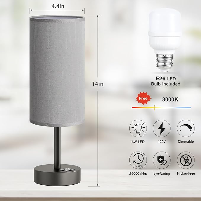 Dicoool Bedside Table Lamp for Bedroom - 3-Way Dimmable Touch Lamp, USB A+C | LED Bulb Included, 14" Small Nightstand Lamp for Desk, Living Room, Guest Room, Grey Fabric Lampshade, Grey Metal Base - Image 5