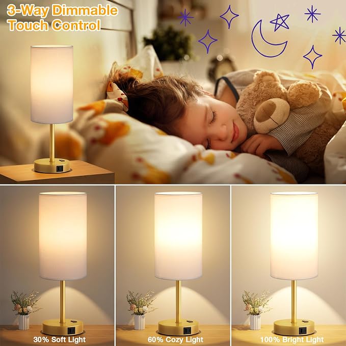 Dicoool 17.4" Bedside Lamp for Bedroom - Dimmable Touch, USB A+C, AC Outlet | LED Bulb Included, 3-Way Dimmable, 17.4" Table Lamp for Living Room, Dorm, White Fabric Lampshade, Gold Metal Base - Image 3