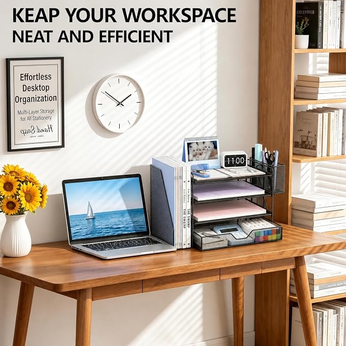 OPNICE Desk Organizers and Accessories, 4-Tier Desktop File Organizer with Drawer and Pen Holders, Office Desk Accessories Workspace Organizers for Office Supplies (Black) - Image 5