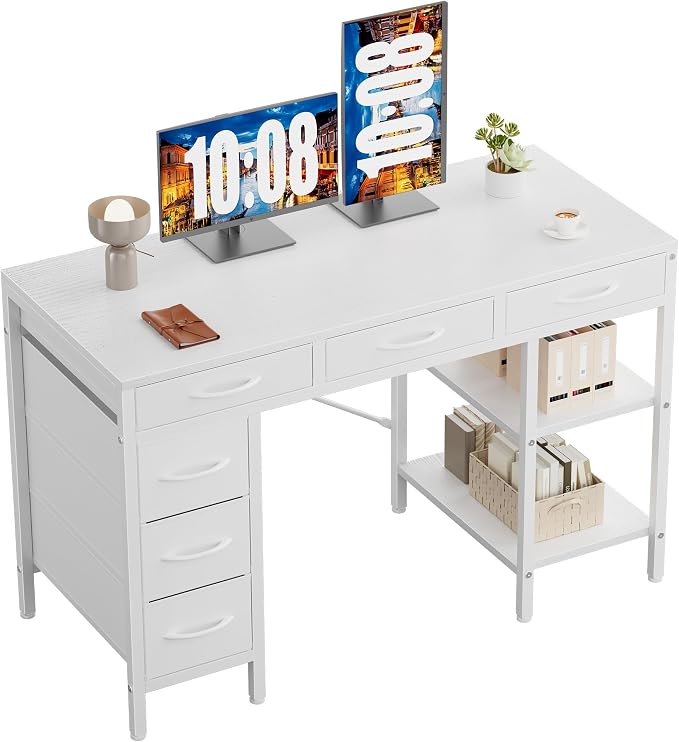 Sweetcrispy 47" Computer Desk with 6 Fabric Drawers & Storage Shelves | Reversible Gaming Desk, Office Desk, Computer Workstation, Corner Desk with Storag, Home Office, Living Room, White by Sweetcrispy