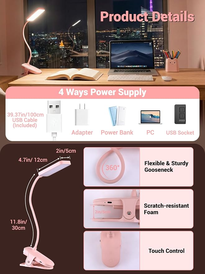 Pink Desk Lamp for Dorm Lamp, 9 Brightness+5 Color Clip on Light, Cute Lamp | 4000mAh Battery Rechargeable, Small Pink Lamp for Girls/Kids, Cordless Clip on Reading Light for Bed/Headboard/Bedside Table - Image 8