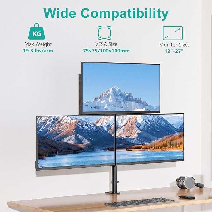 WALI Triple Monitor Mount for 13-27 inch Screens, Taller 3 Monitor Desk Mount, up to 19.8lbs, 31.9 inch Height Max, Adjustable Triple Monitors Stand, VESA 75/100mm (GSDM003S), Black - Image 2