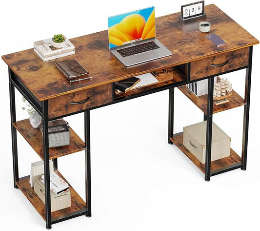 47 Inch Computer Desk with 2 Drawers, Home Office Desk with Wooden Shelves, Study Writing PC Table for Small Spaces, Bedroom, Dorm or Living Room, Rust by Unknown