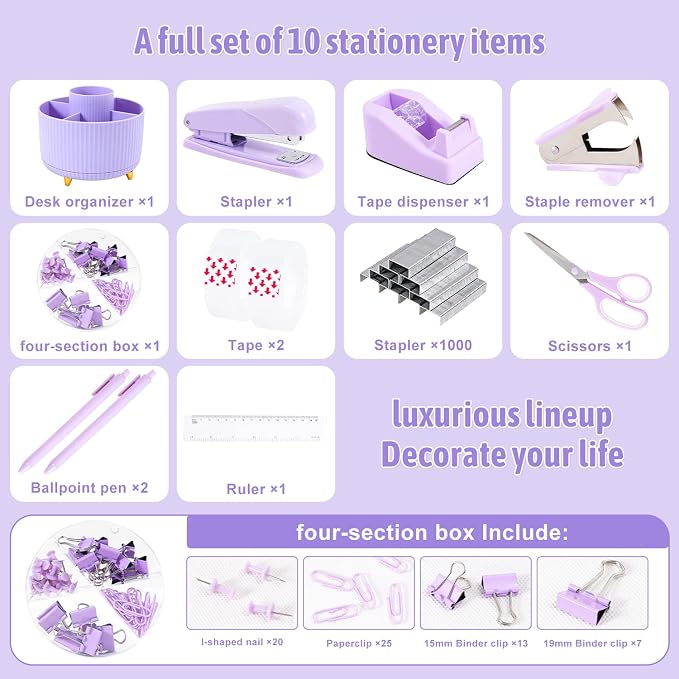 Gawsey Purple Desk Organizers and Accessories with Desk Organizer 360° Rotating Pen Holder and Office Supplies, Cute Stationery Supplies Set - Image 3
