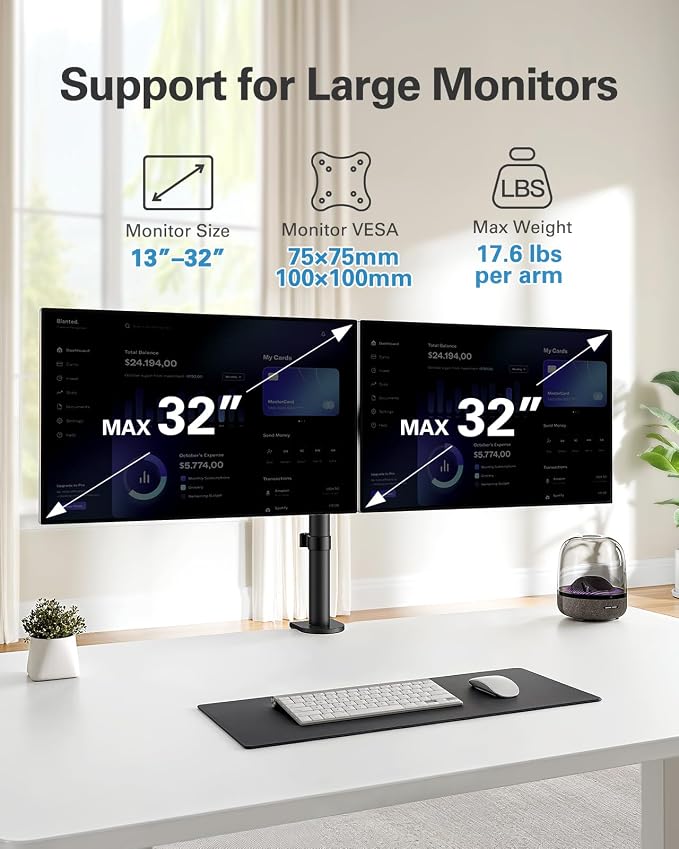 HUANUO Dual Monitor Mount for 13-32 Inch Screens, 17.6 lbs per Arm | Dual screen setup, tilt, swivel, rotation, 16.3 inch pole, cable clips, C-clamp or grommet, VESA 75x75/100x100mm - Image 2