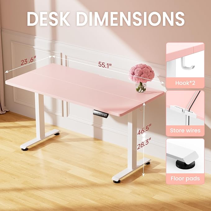 Veken Standing Desk, Pink, 55×23.6 Inch | Height Adjustable Sit Stand Up Computer Tables for Home Office, Study , Writing, Suit students, employees and group work - Image 3