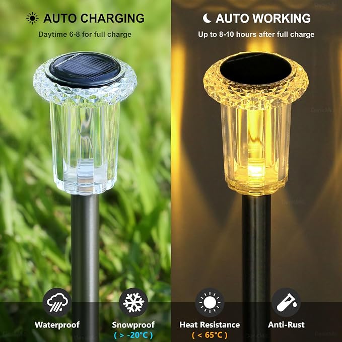 DenicMic 10 Pack Solar Pathway Lights Outdoor Waterproof Warm White LED | Stainless Steel Stake Lights for Garden Patio Backyard Driveway Walkway Lawn Auto On/Off 3000K Diamond-like Acrylic Lens - Image 3