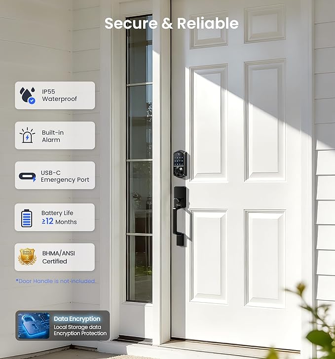 Veise VE017 Fingerprint Smart Door Lock, App Control, 8-in-1 Keyless Entry, Auto Lock, Emergency Power Port, Electronic Touchscreen Keypad, Biometric Smart Locks for Front Door, Matte Black - Image 5