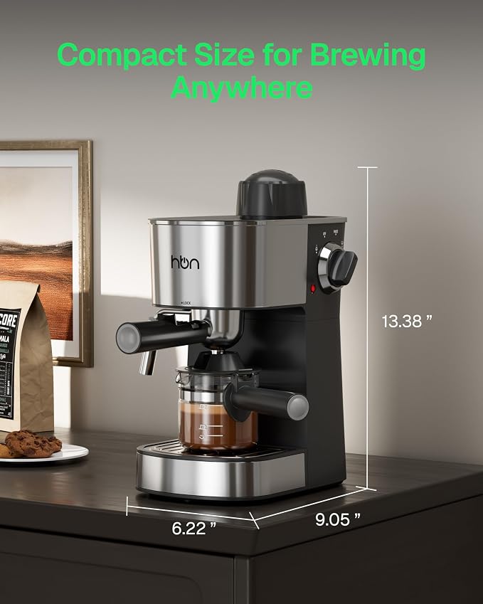 HBN Espresso Machine, 3.5Bar Cappuccino & Latte Maker, 2-4 Cup Stainless Steel Coffee Machine with Milk Frother, 800W Espresso Machine Maker with Steamer, Compact Coffee Maker for Home and Office - Image 2