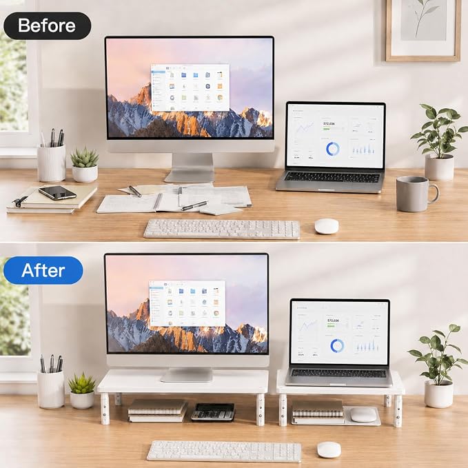 OPNICE Monitor Stand Riser for Desk, Adjustable Computer & Laptop Stand, Desk Organizer for Monitor, Laptop, PC, Printer, Office Desk Accessories for Home & Office, White Wood - Image 7