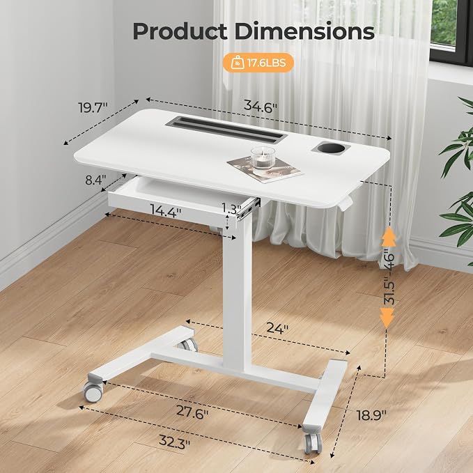 Mobile Standing Desk with Drawer, 35"×20" Small Desk, White | Portable Laptop Workstation with Cup Holder and Hooks, Height Adjustable Rolling Desk with Wheels, Teacher Classroom Use - Image 2