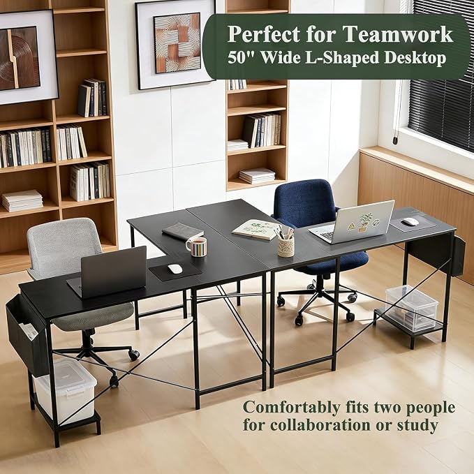 L Shaped Desk, 50 Inch Reversible Computer Desk Corner Gaming Table with CPU Stand & Storage Bag, Sturdy Metal Frame PC Workstation for Home Office, Black Wood | Storage Bag, Black Corner Gaming Table, Sturdy Metal Frame, PC Workstation for Home Office - Image 5
